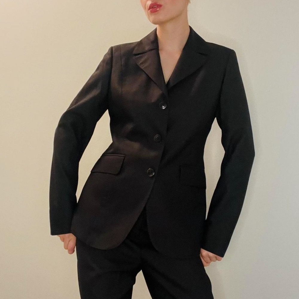 100% wool Santorelli brown Italian blazer mid rise straight long leg suit set